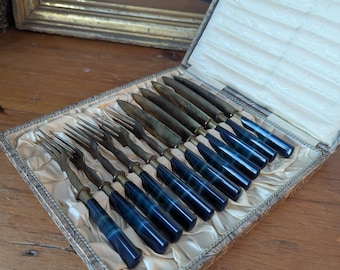 Antique Rare Set of Boxed German Uchatius Bronce Brass Blade Fruit Knives and Forks With Blue Glass Handles, Set of 12 with Box, c1900