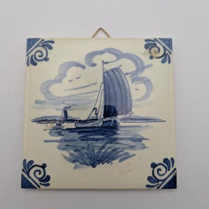 Vintage Handpainted Nautical Delft Tile, Handpainted Dutch Delft Tile or Trivet, Delft Wall plate