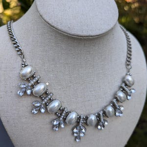 Vintage Faux Pearl And Clear Stone Chunky Necklace, Adjustable Pearl and Rhinestone Necklace 22&quot;