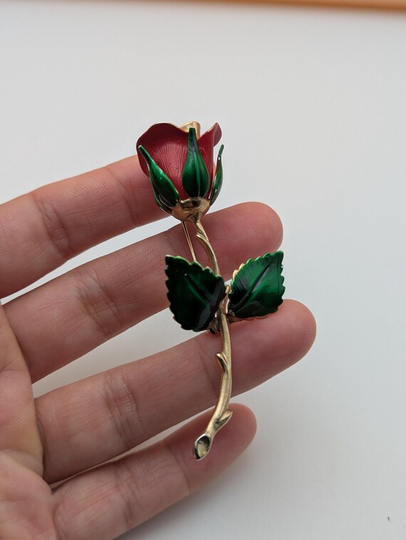 Vintage Signed Giovanni Rose Pin Brooch Gold Red … - image 9