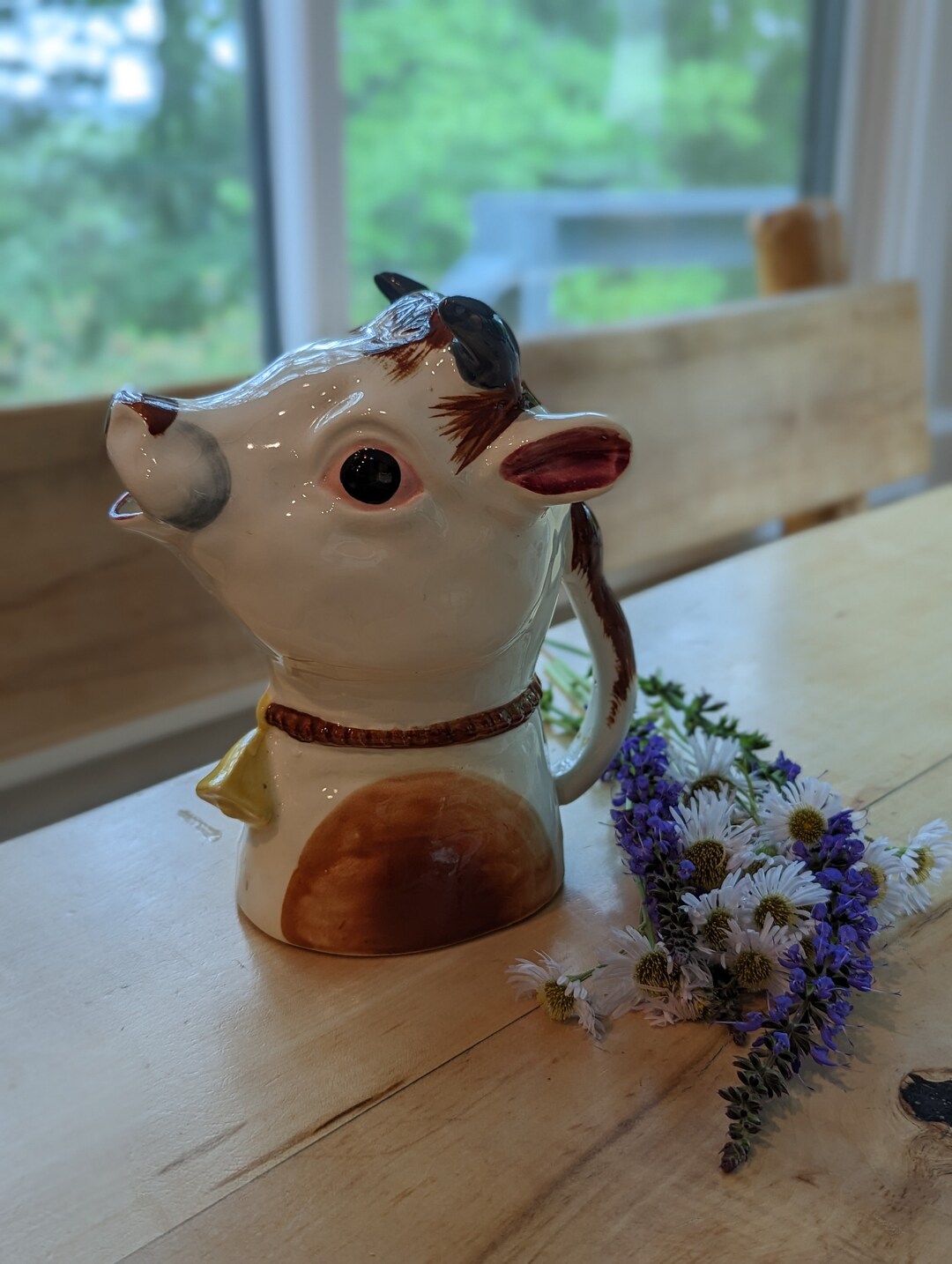 Vintage Ceramic Cow Creamer, Cow Milk Pitcher, Cow With Bell, Rustic