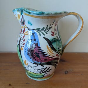 Vintage Italian Handpainted Pitcher Bird And Floral, Multicolored Handpainted Jug made in Italy, Deruta Style Vase or Pitcher