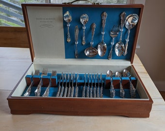 Reed and Barton Dresden Rose Silverplate Flatware Set For 12 With Wooden Storage Box, Vintage Floral Silver Plate Flatware Set