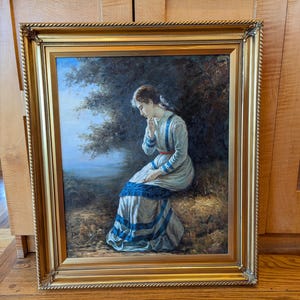 Large Original Oil Painting Young Woman with a Letter, Moody Painting Beautiful Lady Signed M Merino, Oil on Stretched Canvas
