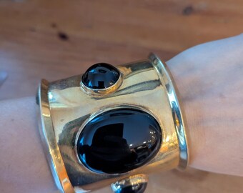 Stunning Large Gold Plated Sterling Silver Cuff Bracelet Black Cabochons,Avant Garde Statement Chunky Gold Cuff Bracelet Signed KAJ Sterling