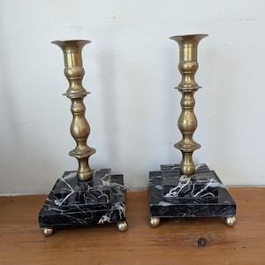 Vintage Brass and Marble French Provincial Candle Holder Pair, Neoclassical Brass And Marble Set Of Candleholder