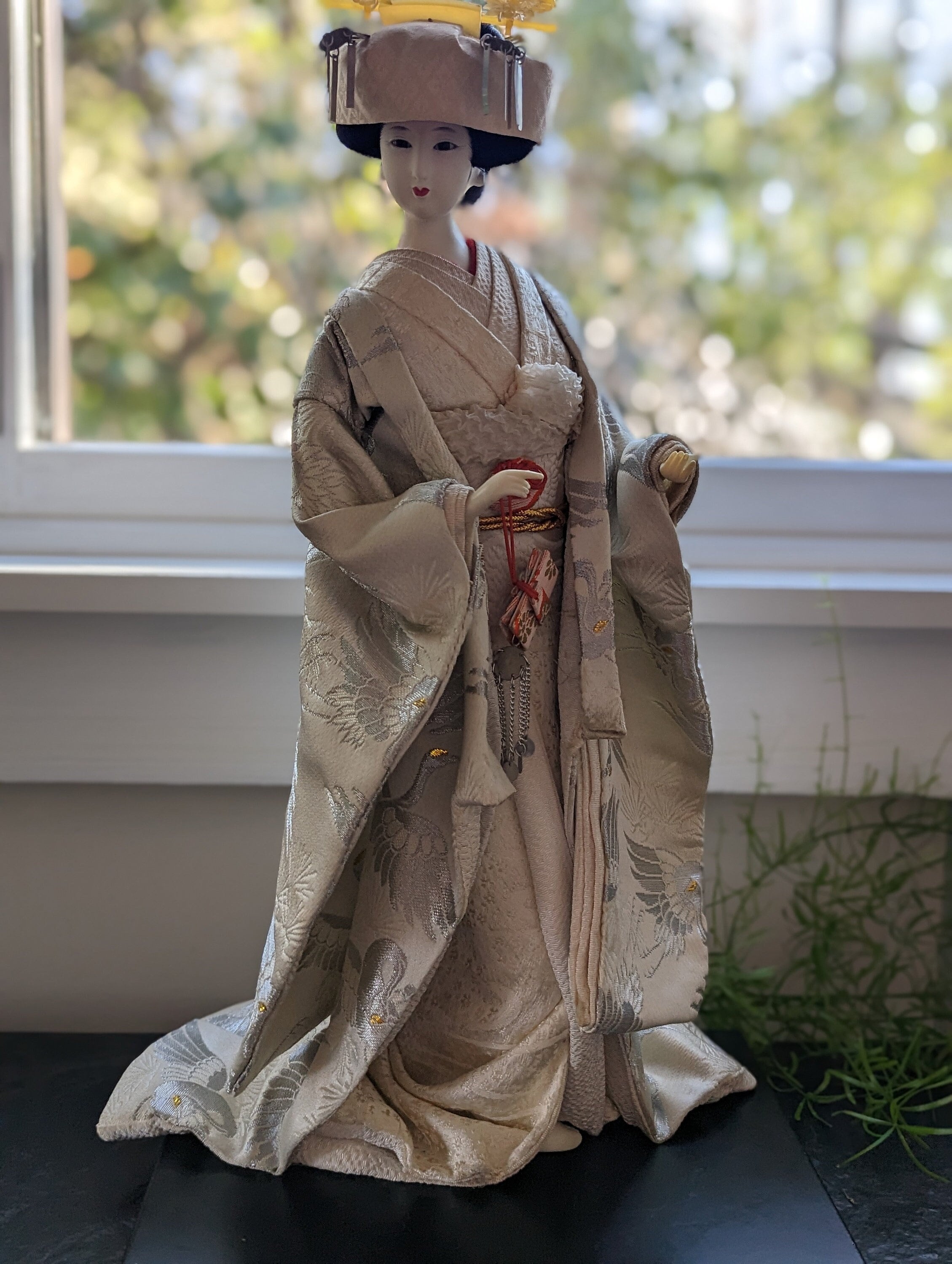 Vintage Japanese Collectible Doll, White Wedding Silk Kimono