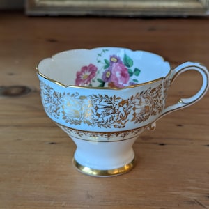 Paragon Gold Filigree Light Blue Floral Teacup, Vintage Pedestal Paragon Tea Cup With Floral Bouquet
