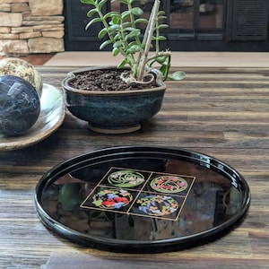 Japanese Vintage Black Gold Lacquer Ware Decorative Round Serving Tray, Oriental Vanity Tray