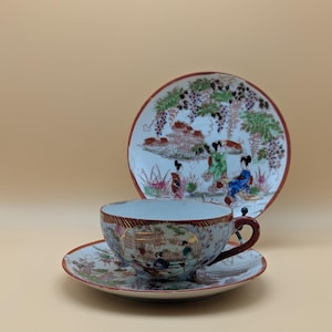 Japanese Geisha Kutani Porcelain Teacup & 2 Saucers Vintage Eggshell Kutani ware
