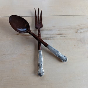 Vintage Large Sterling Silver Wood Salad Serving  2 Piece Set Fork & Spoon, Art Nouveau Style