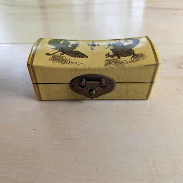 Vintage Yellow Asian Pillow Leather Wrapped Box With Gold Dragon And Phoenix and Brass Lock, Oriental Jewelry Keepsake Box