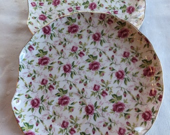 Lefton China Rose Chintz Vintage Vintage Pattern 637 Set of 2 Lunch Snack Plates, Hand Painted floral Plates  with Roses, Picnic Plates
