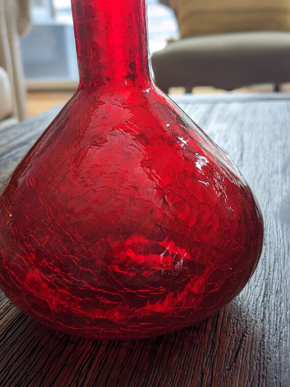 Vintage Ruby Red Hand-blown Crackle Decanter, Mid Century Glass