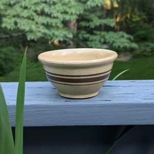 Antique RRP Roseville Yellow Ware Pottery Small Bowl Wide Brown Band & Two Narrow Bands 5.5&quot; diameter x 3&quot; tall