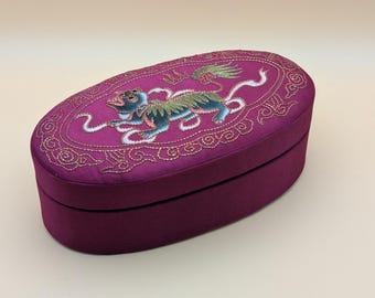 Vintage Oriental Silk Oval Chinese Embroidered Dragon Jewelry Box, Woven Silk Keepsake Box