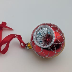 Vintage Christmas Glass Indent Ball Ornament Hand Decorated Retro- Vintage Reflector Blown Mercury Glass Old World Ornament 2&quot;