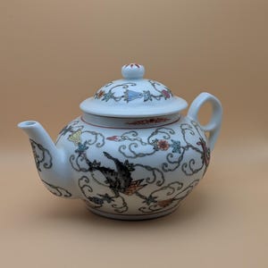 Vintage Jingdezheng Chinese Export Porcelain Tea Pot, Porcelain Hand Painted Teapot Butterfly and Vine, 1970