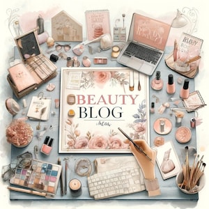 May include: A watercolor illustration of a beauty blog workspace with a laptop, makeup brushes, and a sign that says "Beauty Blog Ideas".