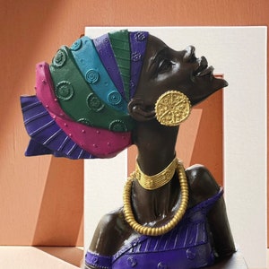 Colorful African Woman Bust Statue - 28x24 cm Polyester Decorative Sculpture | Ethnic and Artistic Design -Woman Statue ,African Woman