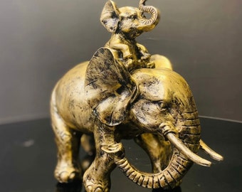 Hand-Painted Elephant Figurine with Baby: Gold & Silver Art Decor
