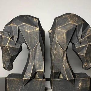 2-Piece Cubic Horse Figurine Bookends - Modern Black Gold Cubic Horse Figurine Bookends-2-Piece Set - Decorative Sculpture Book Holder-Horse