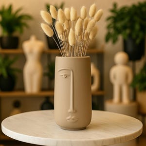 May include: A beige ceramic vase with a sculpted face design. The vase is filled with dried pampas grass.