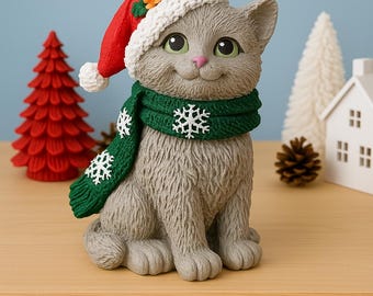 Handmade Christmas Cat Figurine | Holiday Kitten Ornament