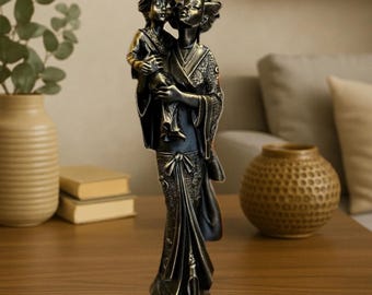 Handmade Japanese Mother and Daughter Figurine: Black & Gold Home Decor
