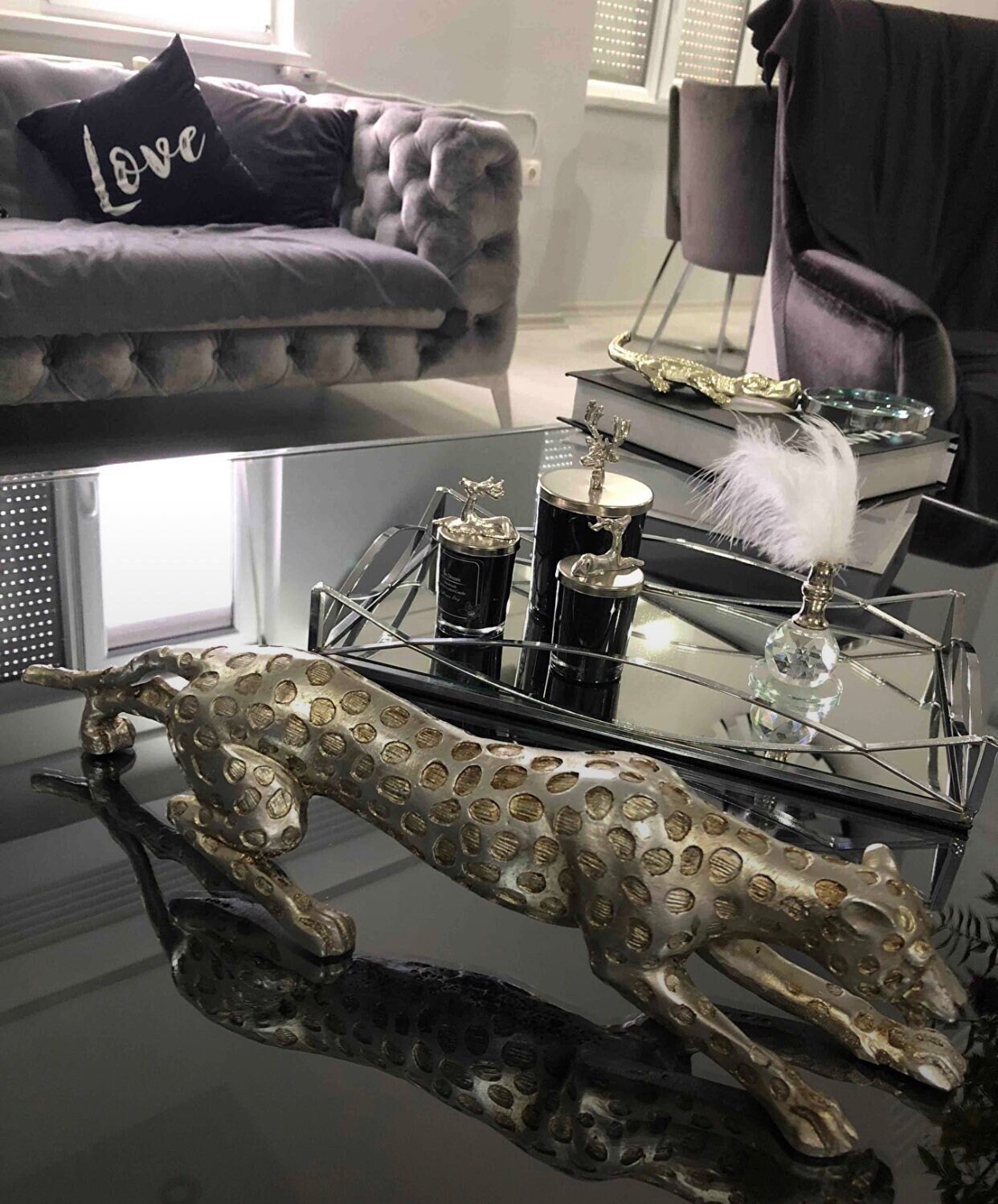 Large Silver Leopard Statue , 17in Huge Handcasted Leopard Statue