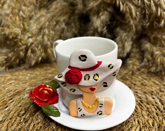 Handmade Ceramic Coffee Cup and Saucer Set – Leopard Hat Rose Design, Artistic Home Decor