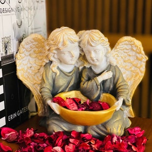 Double Angel Figurine, Sitting Angels Decorative Figurine & Candle Holder, Angel Figurine Holding a Double Bowl, Angel Sisters, Angel Statue