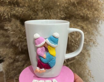 Personalized Mother Daughter 3D Ceramic Mug with Name Coaster – Handmade