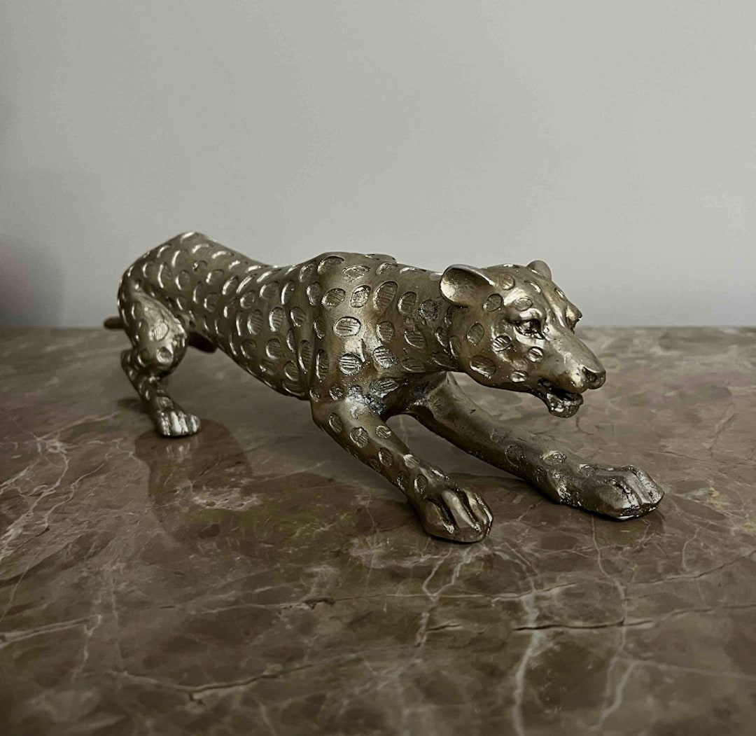 Large Silver Leopard Statue , 17in Huge Handcasted Leopard Statue
