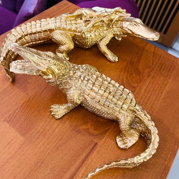 Handmade Golden Crocodile Figurine Set: Polyester Animal Sculpture