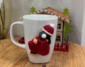 Handmade Ceramic Mug – 3D Mother Daughter Embrace, Winter Theme Coffee Cup
