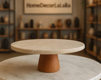 Handmade Travertine Cake Stand | Wooden Base Dessert Pedestal (28 cm)