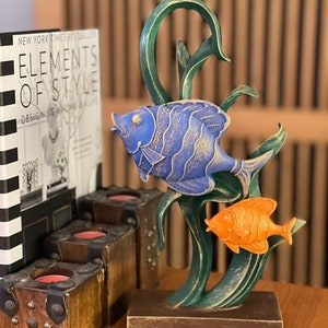 Fish Figurine Sculpture - 31x16 cm Polyester Decorative Statue | Ocean-Themed Home Decor -Coral Double Fish Statue, Double Fish Statue,Fish