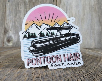 Pontoon Hair Don't Care Sticker Waterproof Lake Lover Sticker Messy Bun Mountains Woods Camping Outdoors Retro Colors