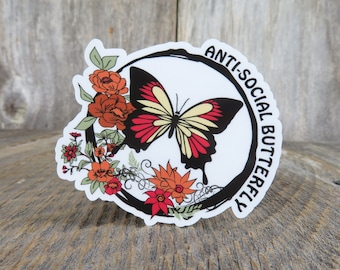 Anti-Social Butterfly Sticker Fall Colors and Flowers Waterproof Funny Sarcastic Sayings Introverts