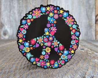 Peace Sign Sticker Flowers Black BoHo 70s Style Full Color Waterproof Hippie Water Bottle Laptop
