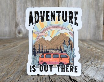Adventure is Out There Sticker Full Color Waterproof Camper Van Desert Cactus Outdoors Camping Mountains Water Bottle Sticker