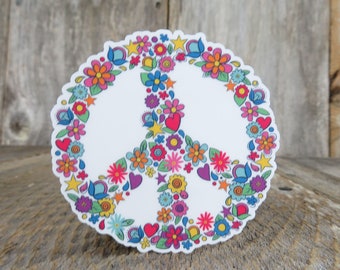 Peace Sign Sticker Flowers White Waterproof Color BoHo 70s Style Hippie Water Bottle Laptop
