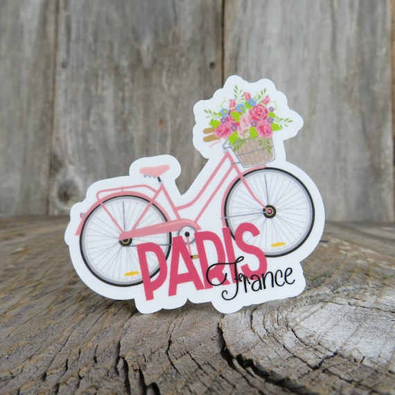 Paris France Sticker Pink Cruiser Bike With Flower Basket Full