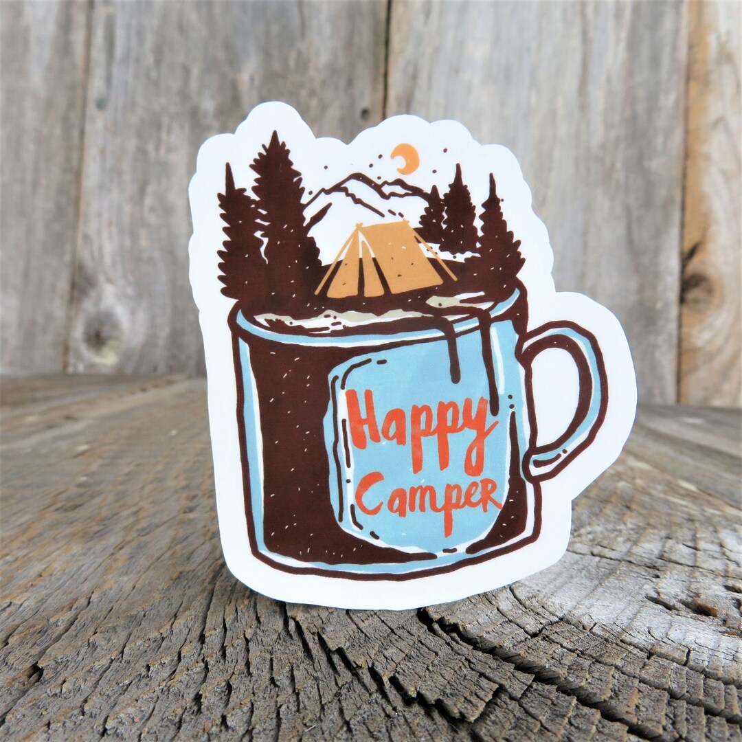 Happy Camper Sticker Tent Scene Coffee Cup Camping Retro Color ...