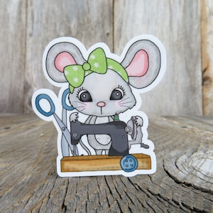 Mouse with Sewing Machine Sticker Craft Lovers Quilters Sewers