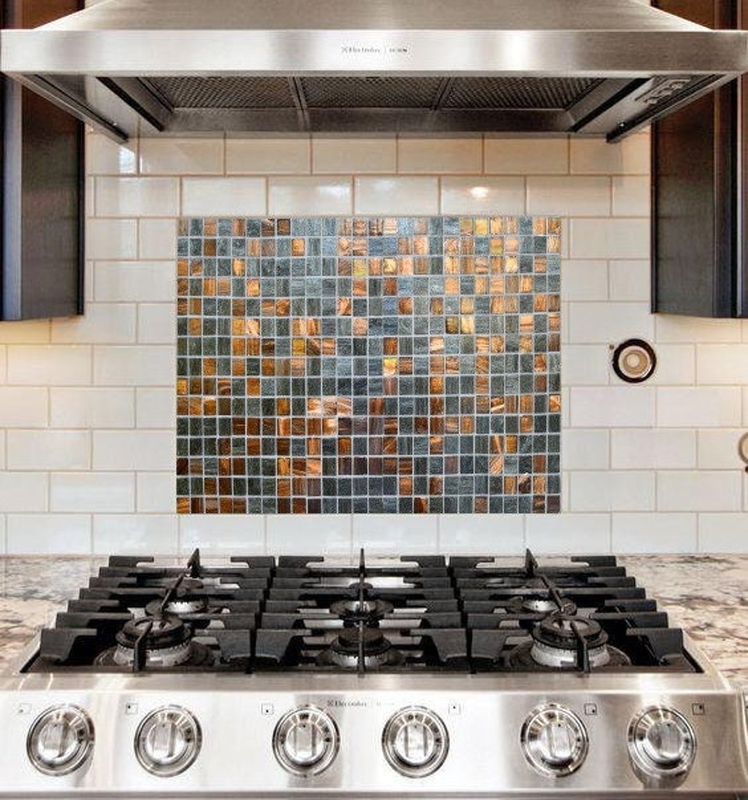 Toughened Glass Kitchen Splashback Copper Green Tiles Etsy Australia