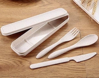 Reusable Biodegradable Cutlery Set - Eco Friendly - Made from Recycled Wheat Straw - Travel Cutlery - Lunch and Camping