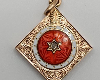 Ein seltenes Lucky Star-Medaillon aus 14-karätigem Roségold aus österreichisch-ungarischer Antike mit Emaille und einem Diamanten im Altschliff