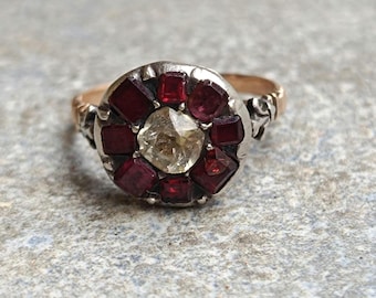 A moody Antique Georgian 14k Gold Garnet Cluster Ring